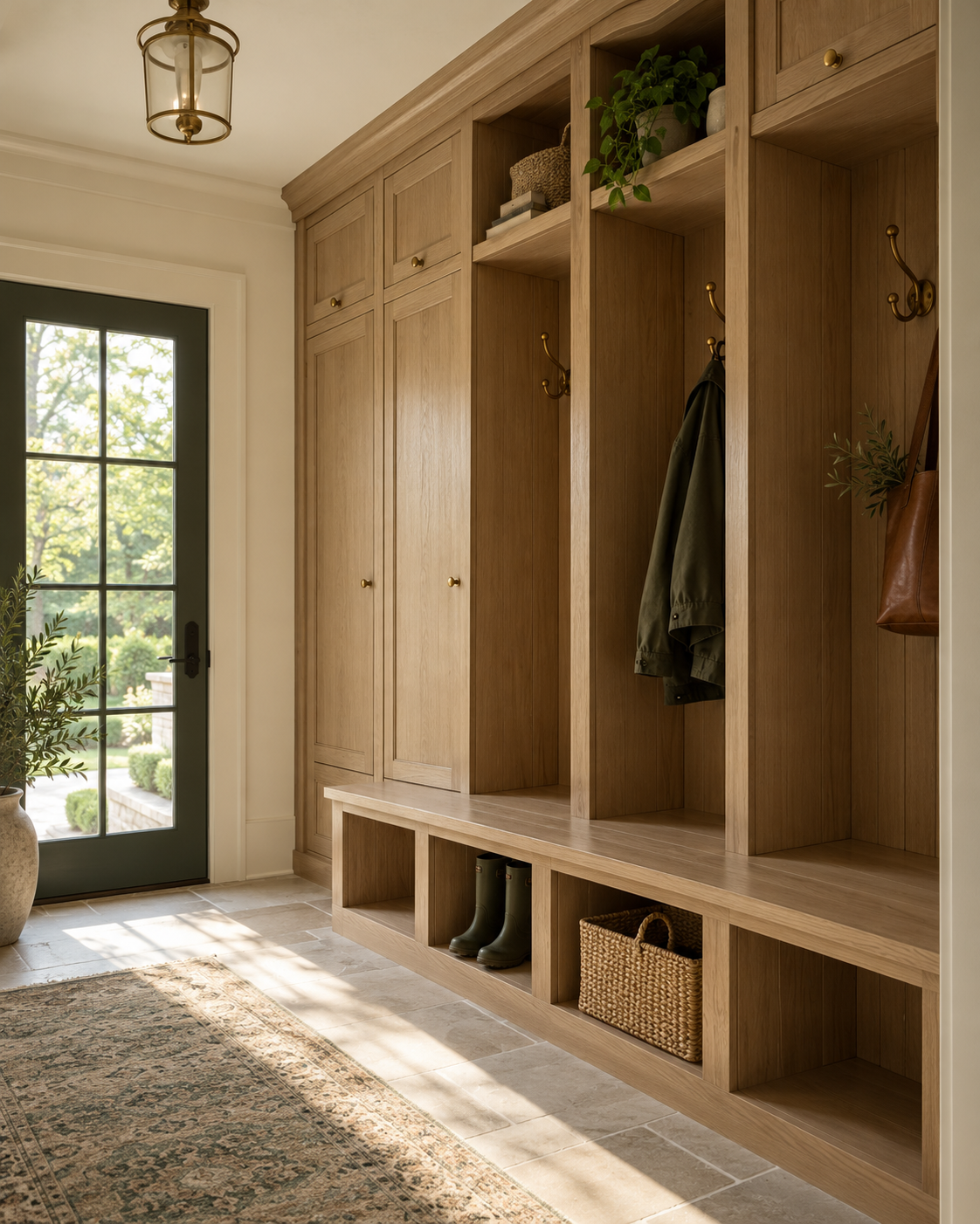 Custom white oak mudroom cabinetry